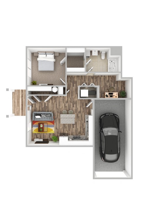 a bedroom floor plan with a car and a living room